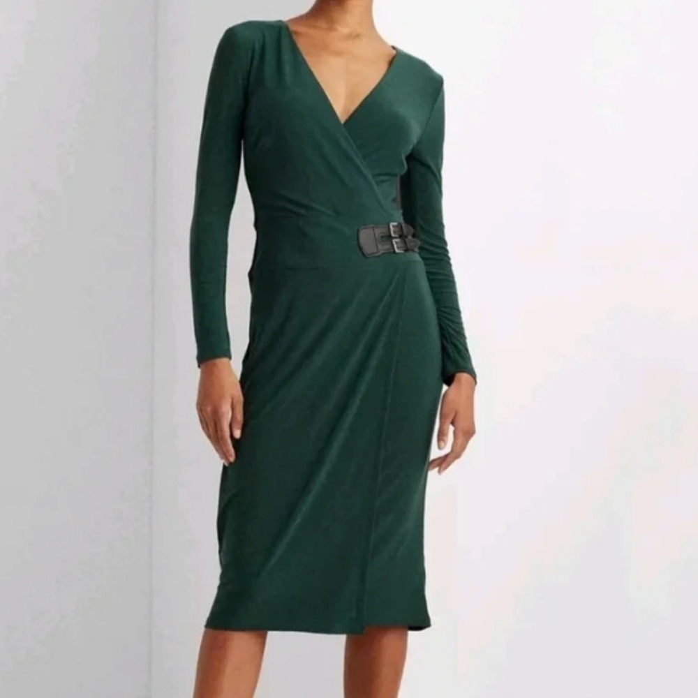 LAUREN RALPH LAUREN Green V-Neck Long Sleeve Faux Wrap Jersey Dress Size 8